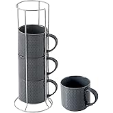Hasense Coffee Mugs Set of 4 with Stand, 15 oz Porcelain Stackable Coffee Cups Set with handle for Tea, Latte, Milk and Cappuccino, Grey Embossed Tea Cups Set with Geometric Patterns for Men and Women