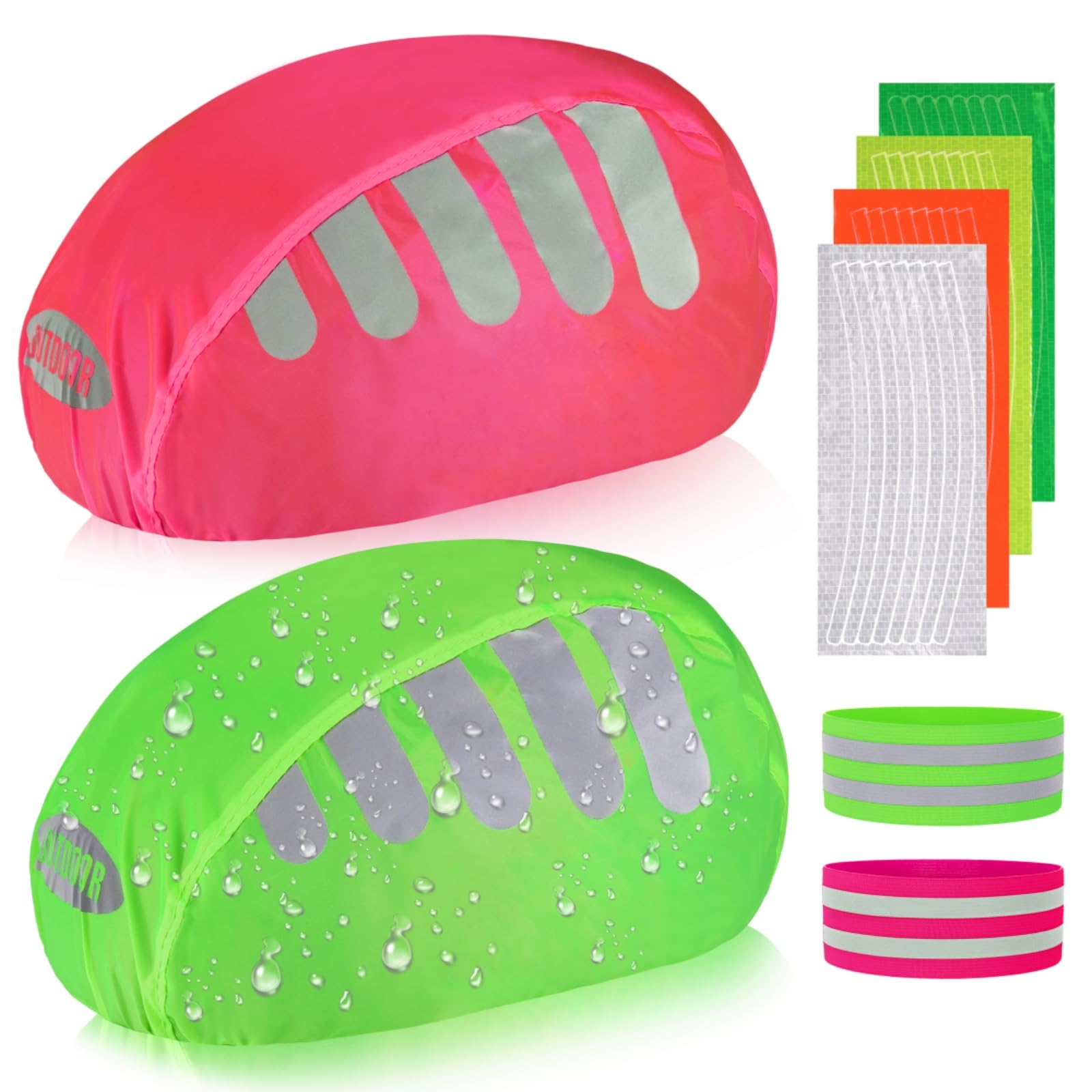 2Pcs Bike Helmet Covers with Reflective Armbands and Reflective Stickers, Waterproof and Windproof Reflective Helmet Cover, Hi Vis Reflective Arm bands, Reflective Strips for Bicycles Motorcycles