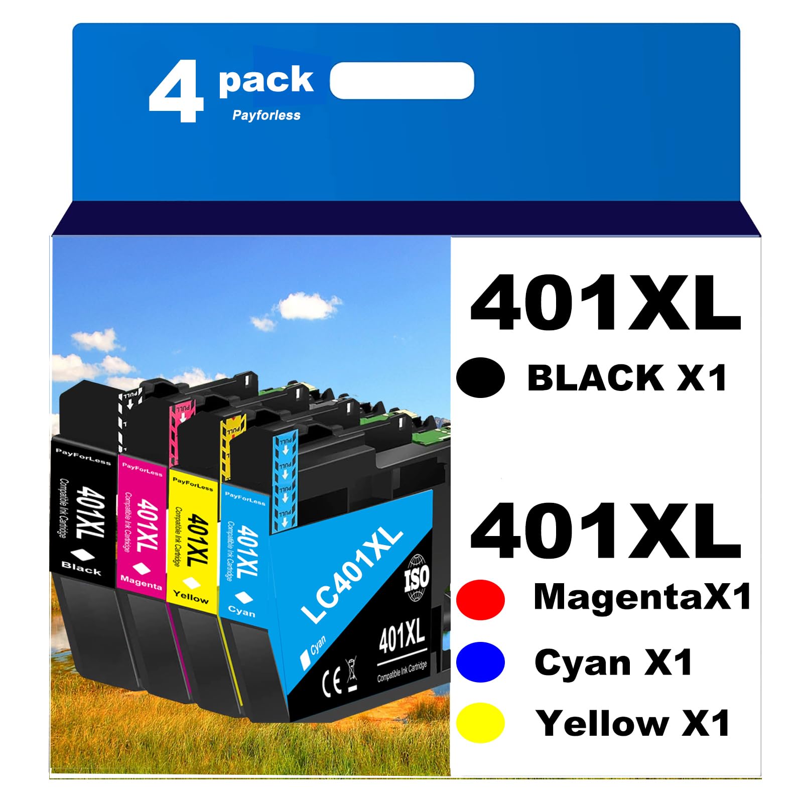 Photo 1 of PayForLess LC401XL Ink Cartridges for Brother Printer Compatible for LC401 401 XL MFC-J1010DW MFC-J1012DW MFC-J1170DW Printer 4 Pack (1 Black, 1 Cyan, 1 Magenta, 1 Yellow) Not Original Ink Cartridge
