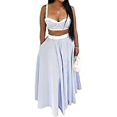 Molisry Women's Summer Skirt Set 2 Piece Outfits Striped Corset Top High Waisted Flowy Ruffle Maxi Skirt 2025