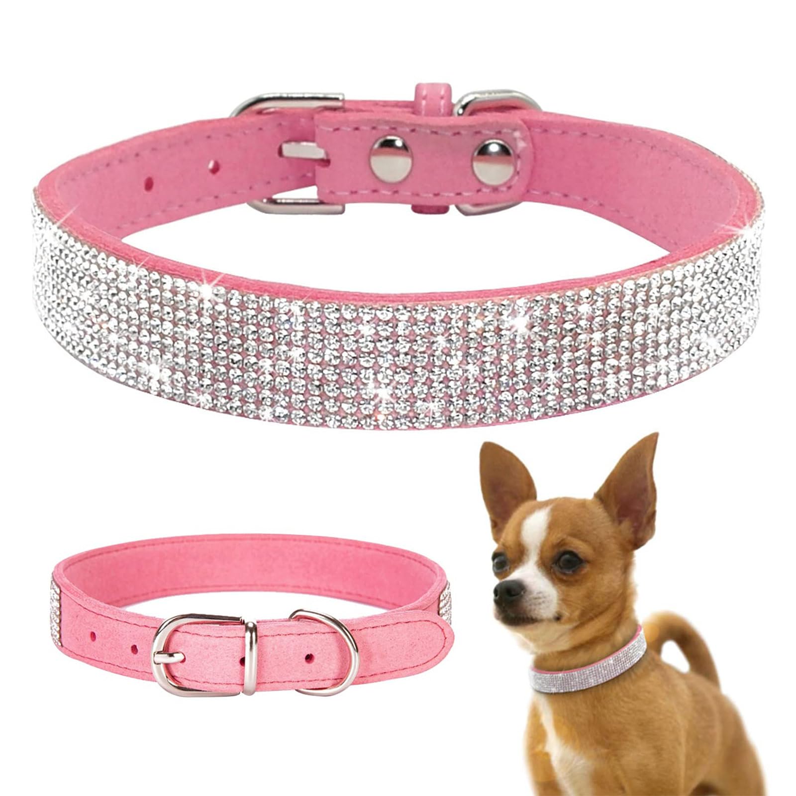 CVNRCLP Sparkling Rhinestone Pet Collar - Soft Leather Small Dog & Cat Collar in Pink - Cute & Durable Design for Puppies and Kittens