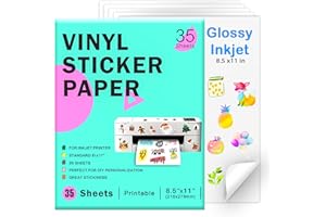 RUIBYTREE Printable Vinyl Sticker Paper for Inkjet Printer - 35 Sheets Glossy White - 8.5" x 11" - Waterproof Labels Paper, Dries Quickly,Vivid Colors,Tear Resistant,DIY Sticker