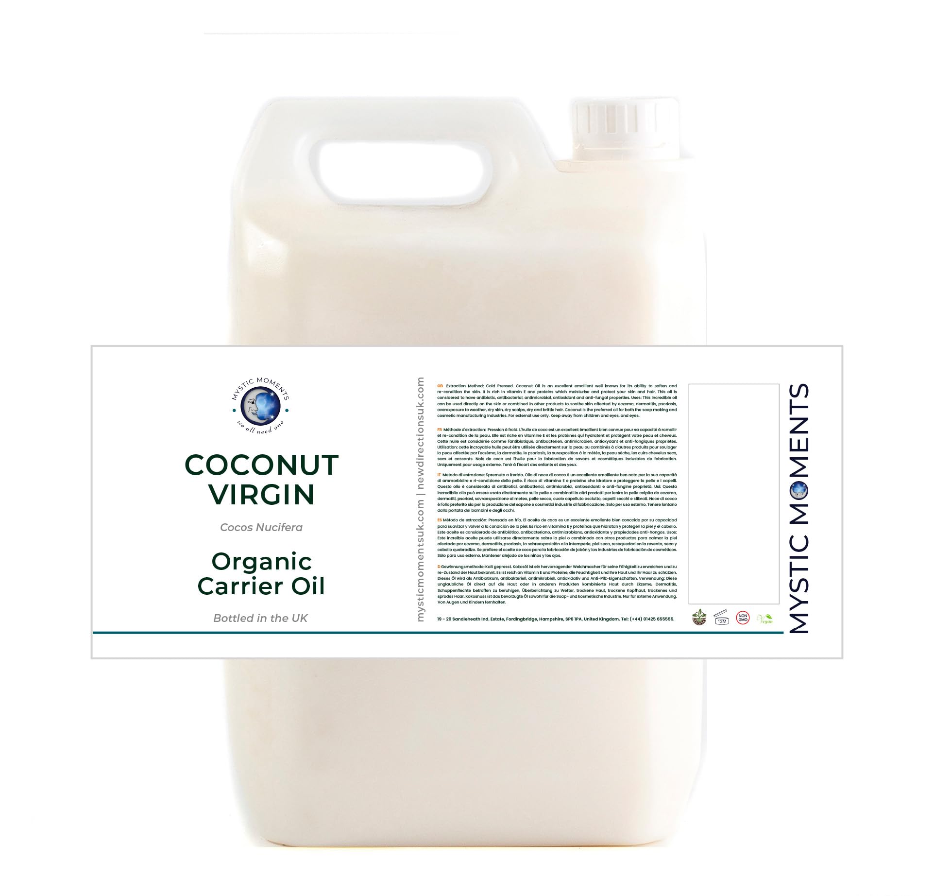 Mystic Moments | Coconut Virgin Carrier Oil Organic 5 Litres | Cold Pressed from Fresh Coconut | Lauric Acid | Skin & Hair Moisturiser | Natural Body Butter | 100% Pure & Natural | Vegan GMO Free