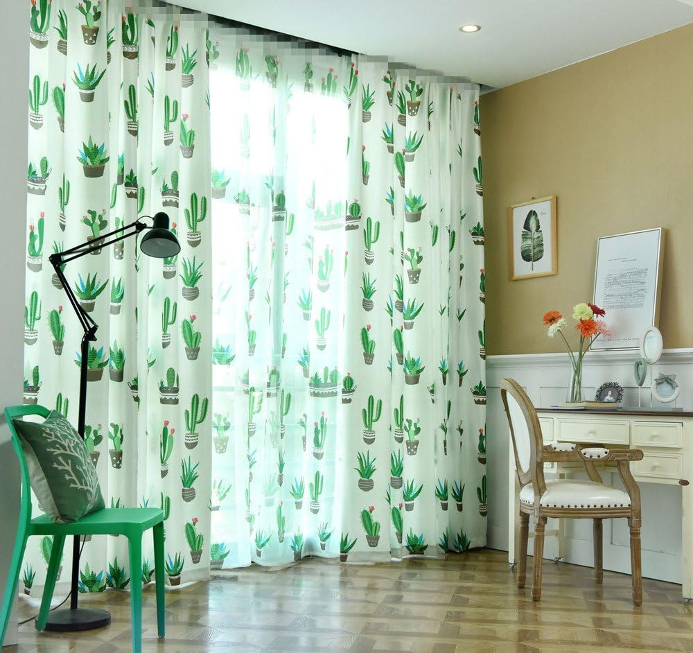AiFish Grommet Semi Blackout Curtains Green Cactus Design Cloth Curtains Natural Cactus Sliding Glass Door Window Drapes and Curtains Cool Summer Curtains for Living Room White 1 Panel W39 x L84 inch