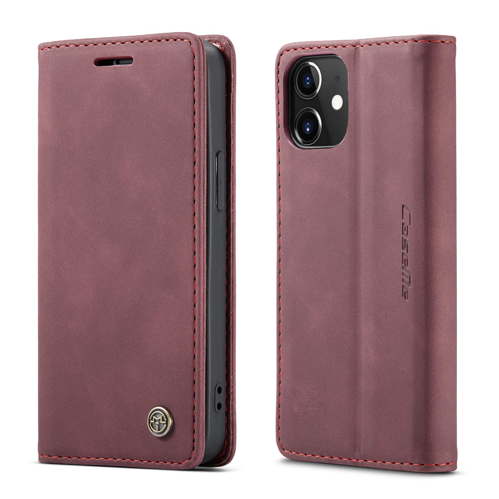 mvced Premium PU Leather Case Flip Wallet Phone Cover with Kickstand Card Slots TPU Shell Compatible with iPhone 12 Mini 5.4,Wine Red