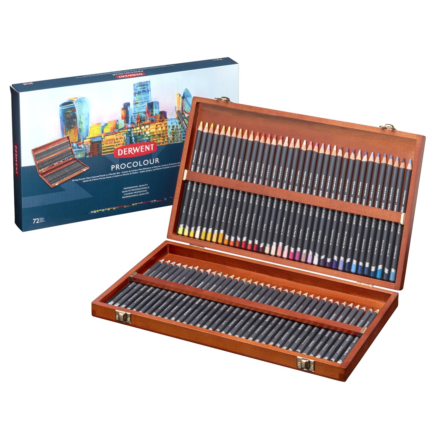Derwent Procolour Colouring Pencils Set Of 72 In Wooden Gift Box, 4mm Round Core, Premium Core Strength, Smooth Texture, Ideal For Fine Art Drawing & Colouring, Professional Quality, 2302524