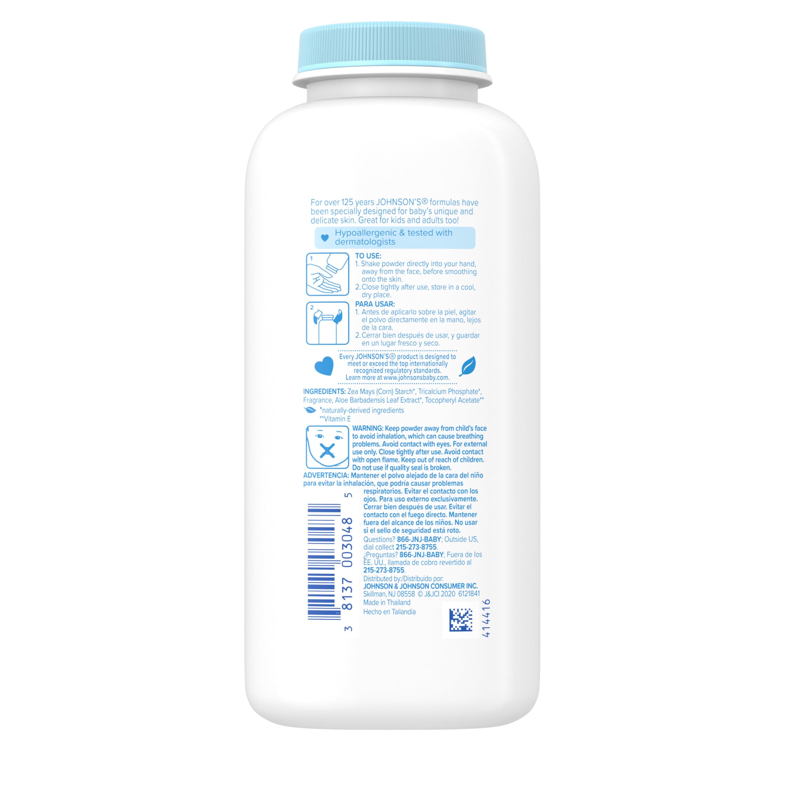 Johnson's Naturally Derived Cornstarch Baby Powder, Aloe & Vitamin E for Delicate Skin, Hypoallergenic, Free of Talc, Parabens, Phthalates & Dyes, Silky for Gentle Baby Skin Care, 9 oz