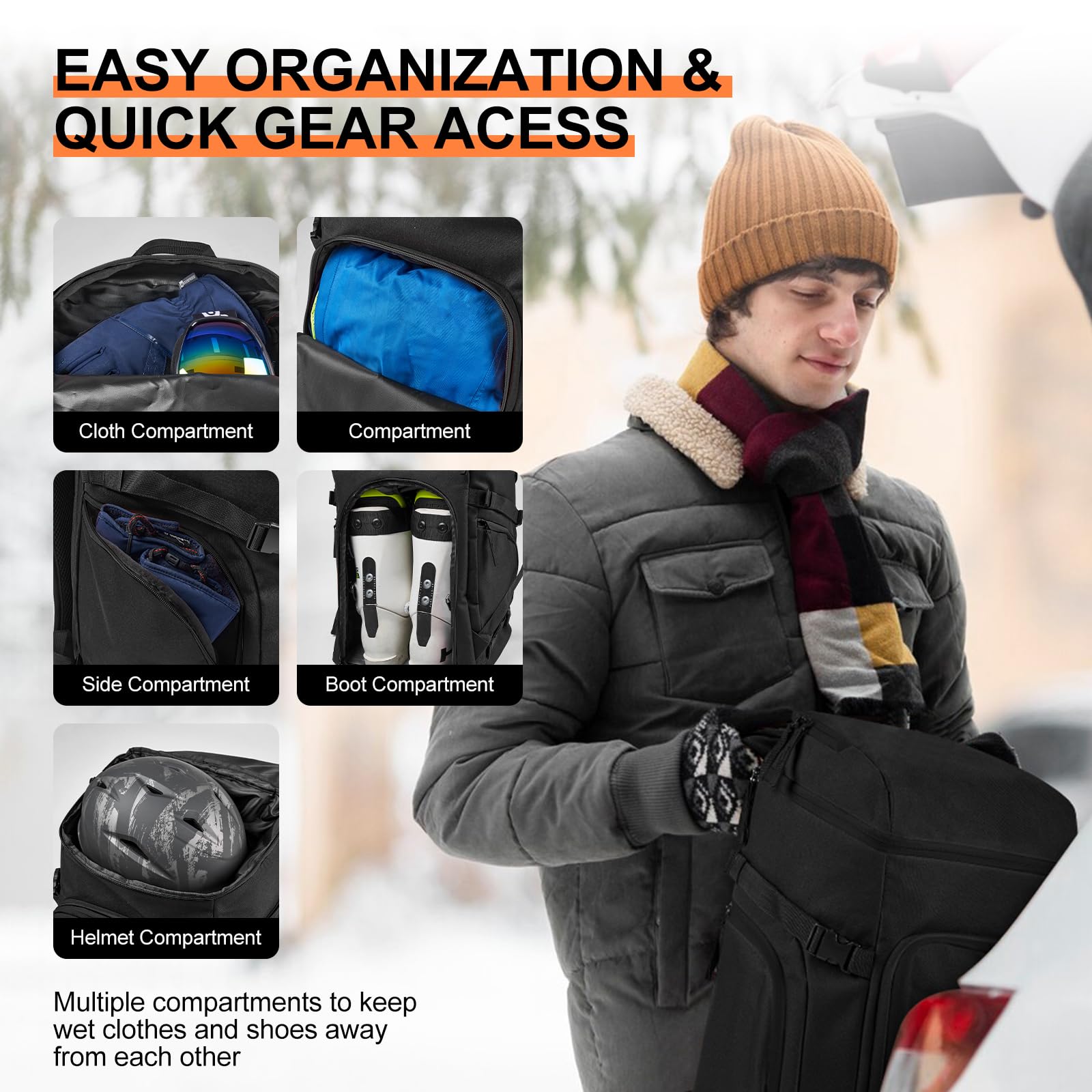 Odoland Ski Bag and Boot Bag Combo, Padded Ski Bags for Air Travel, Snow Ski bags Fit Ski Up to 200cm, Waterproof Double Bag for Storage, Transport Ski Gear, Black & Grey