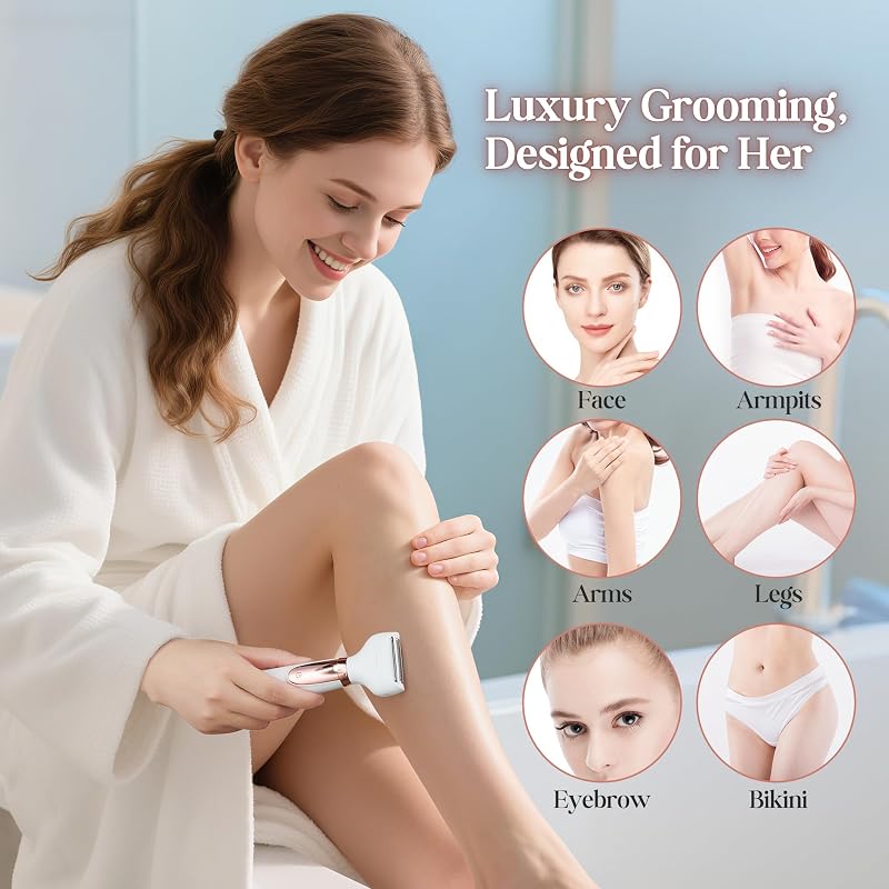 Rasoio elettrico donna 5 in 1, Kit epilazione ricaricabile, Rasoio per donna per corpo, bikini, viso, naso e sopracciglia, Rasoi donna senza fili Wet & Dry, Epilatore per viso, QR-8005