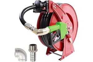 BORRITT 3/4 Inch Fuel Hose Reel,3/4"X50'Retractable Ratchet Spring Driven Diesel Hose Reel,360 Rotating Fuel Hose Swivel,AUTO Fuel Nozzle,SS304 Elbow Pipe,Barb Fitting,300 PSI,1"NPT Inlet,3/4" Outlet