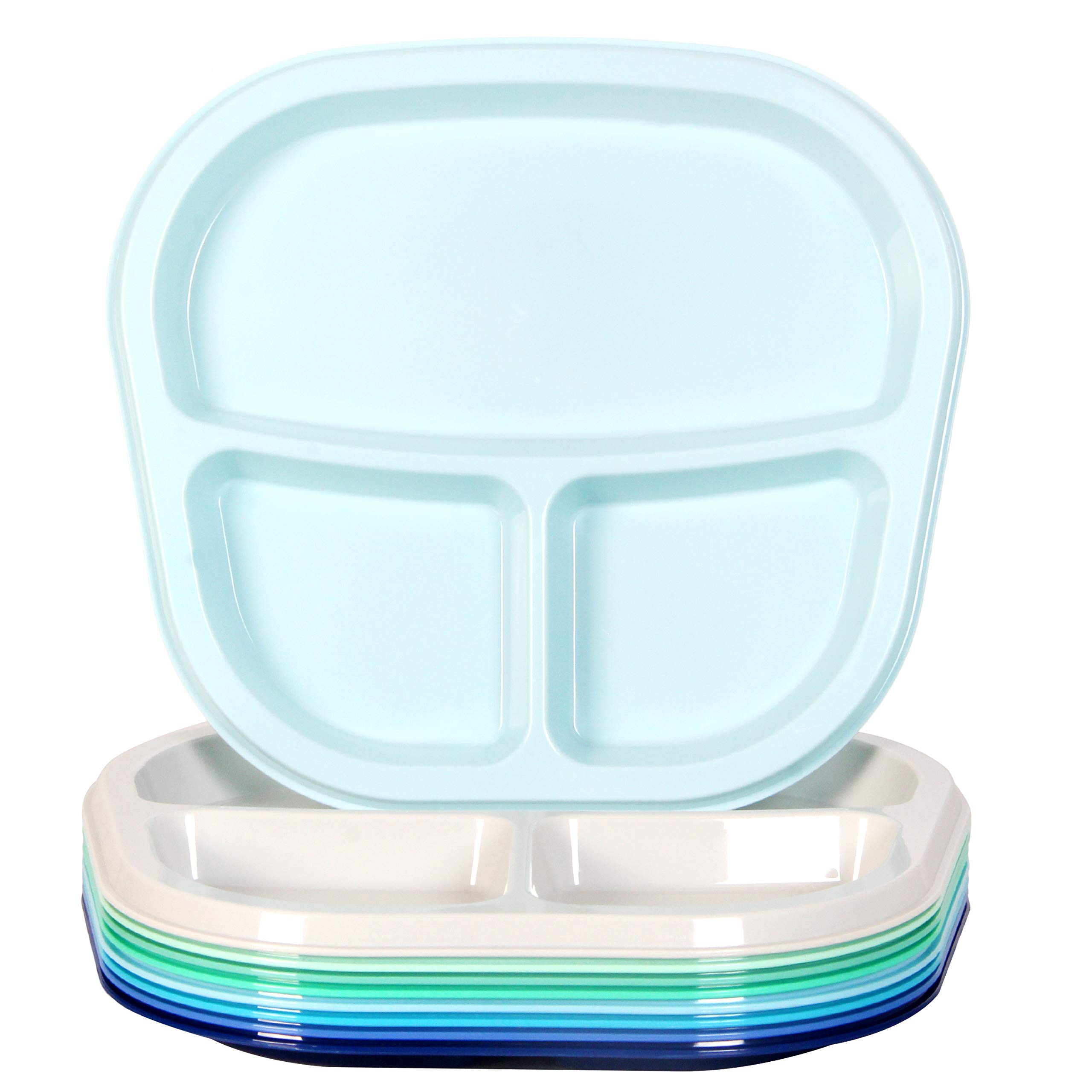 Youngever 3-Compartment Divided Re-usable Plastic Kids Tray, 3 Compartment Plates, Set of 9 (9 Coastal Colors)