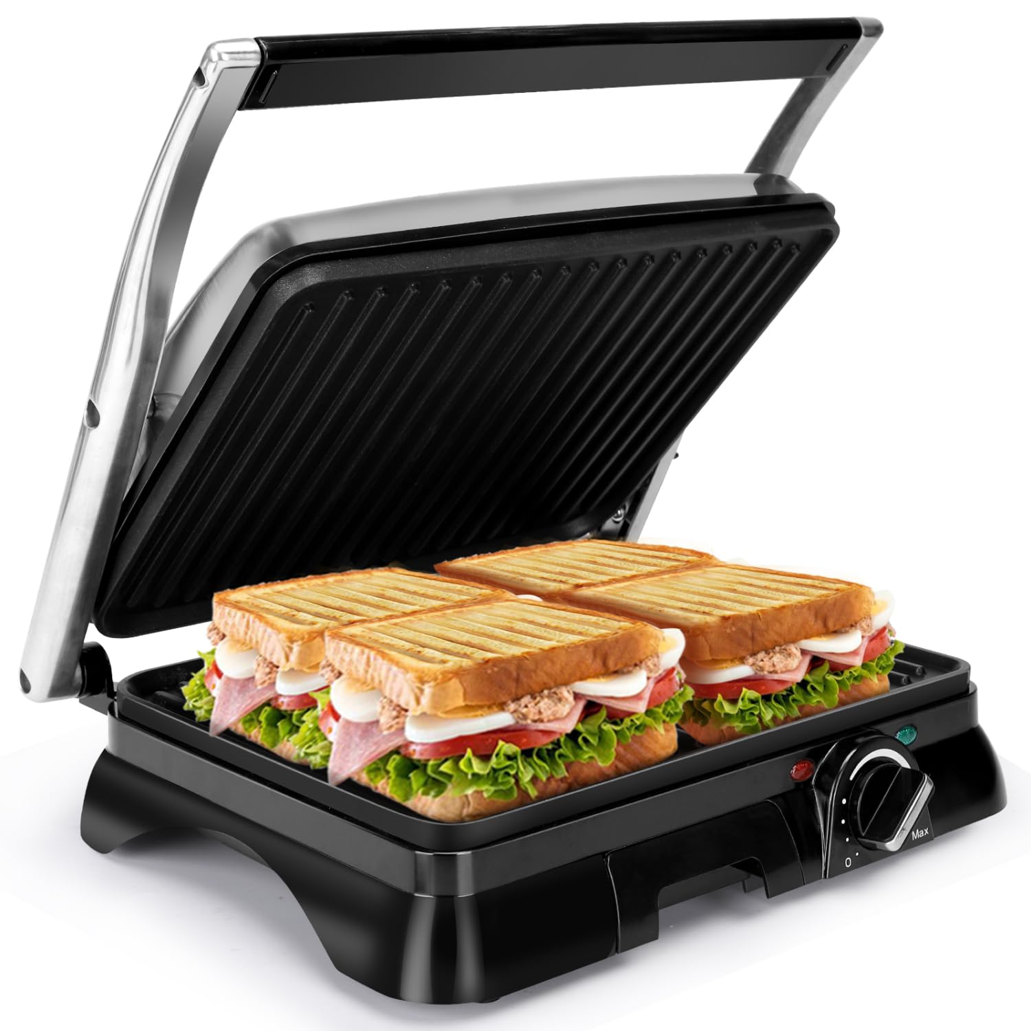 Aigostar Sandwich Toaster 2000W Toastie Maker, Deep Fill Panini Press with Improved Non-Stick Coating, 180° Flat Open Large Grill, Adjustable Temperature Control, Drip Tray, Stainless Steel - Samson
