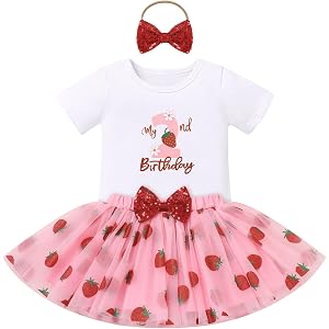 ODASDO Baby Girls Strawberry 1/2 1st 2nd Birthday Cake Smash Outfit, Romper Berry Tutu Skirt Headband Set 3pcs