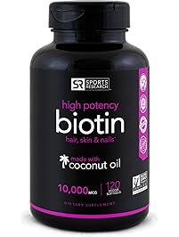High Potency Biotin (10,000mcg) with Organic Coconut Oil; Supports Hair Growth, Glowing Skin and Strong Nails; 120 Mini-Veggie Softgels