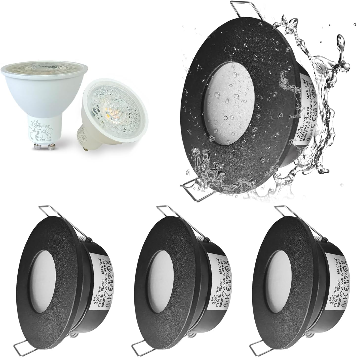 Sweier 4 Pack Waterproof GU10 Downlight, IP65 LED Bathroom Spotlight, Cool White 6000K, 5W 430 Lumen, Recessed Ceiling Light, Cutout Size 68mm/2.68in – Black