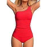 ANFILIA One Shoulder Two Piece Tankini Swimsuits for Women Tummy Control Bathing Suit Scalloped Tankini Top with Bottom
