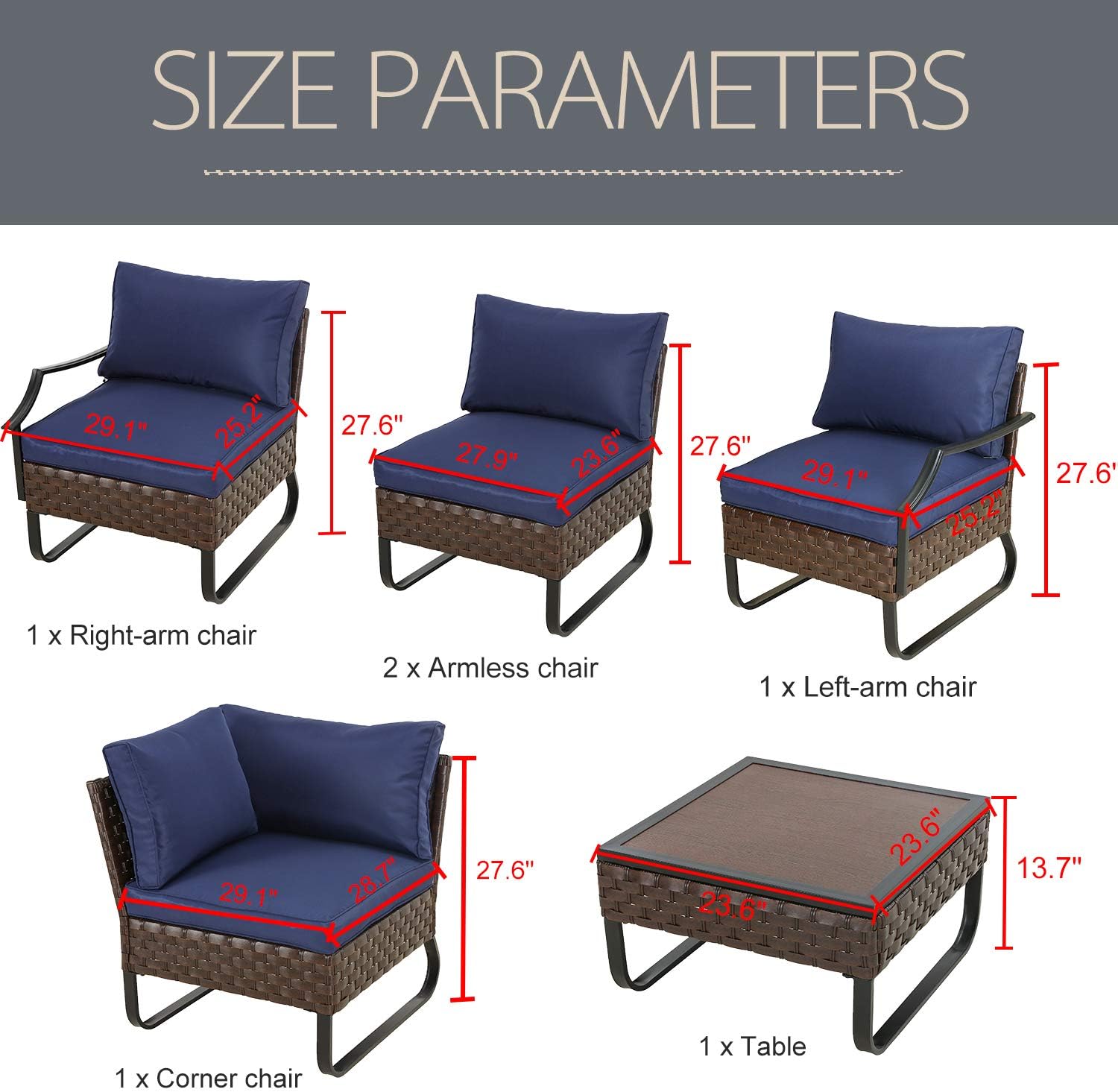 LOKATSE HOME Sectional Conversation Sofa 6 Pcs Outdoor Patio Rattan Furniture Set All-Weather Wicker Metal Frame Chairs with Cushion & Coffee Table, Blue: Garden & Outdoor