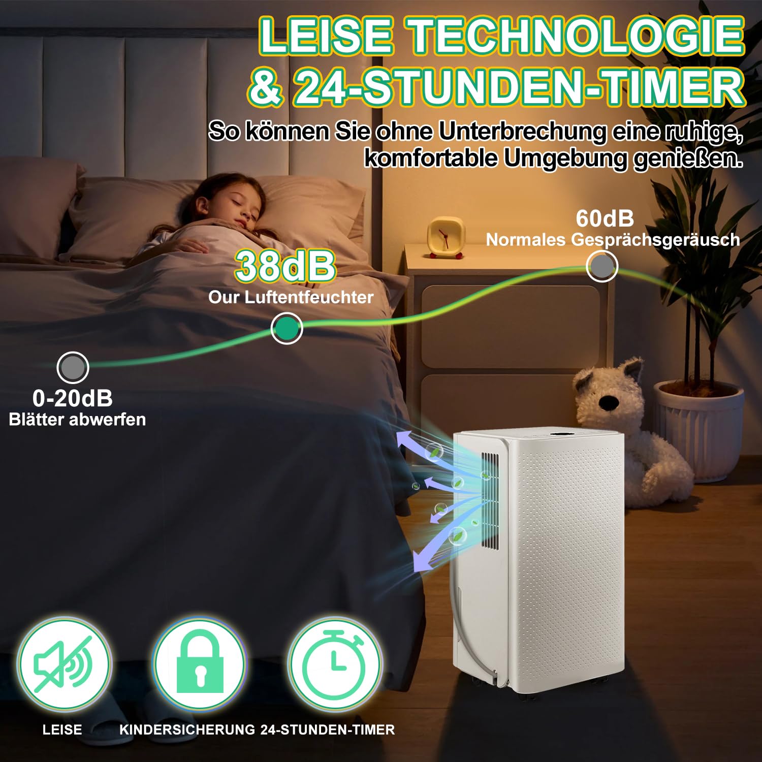 EINFEBEN Luftentfeuchter 16L/24h Entfeuchtungsleistung - für Raumgröße ca. 160m³ (~60 m²)- mit 4 Betriebsarten, Farbtemperatur-Tipps, Ablaufschlauch, Timerbetrieb, Abtaufunktion
