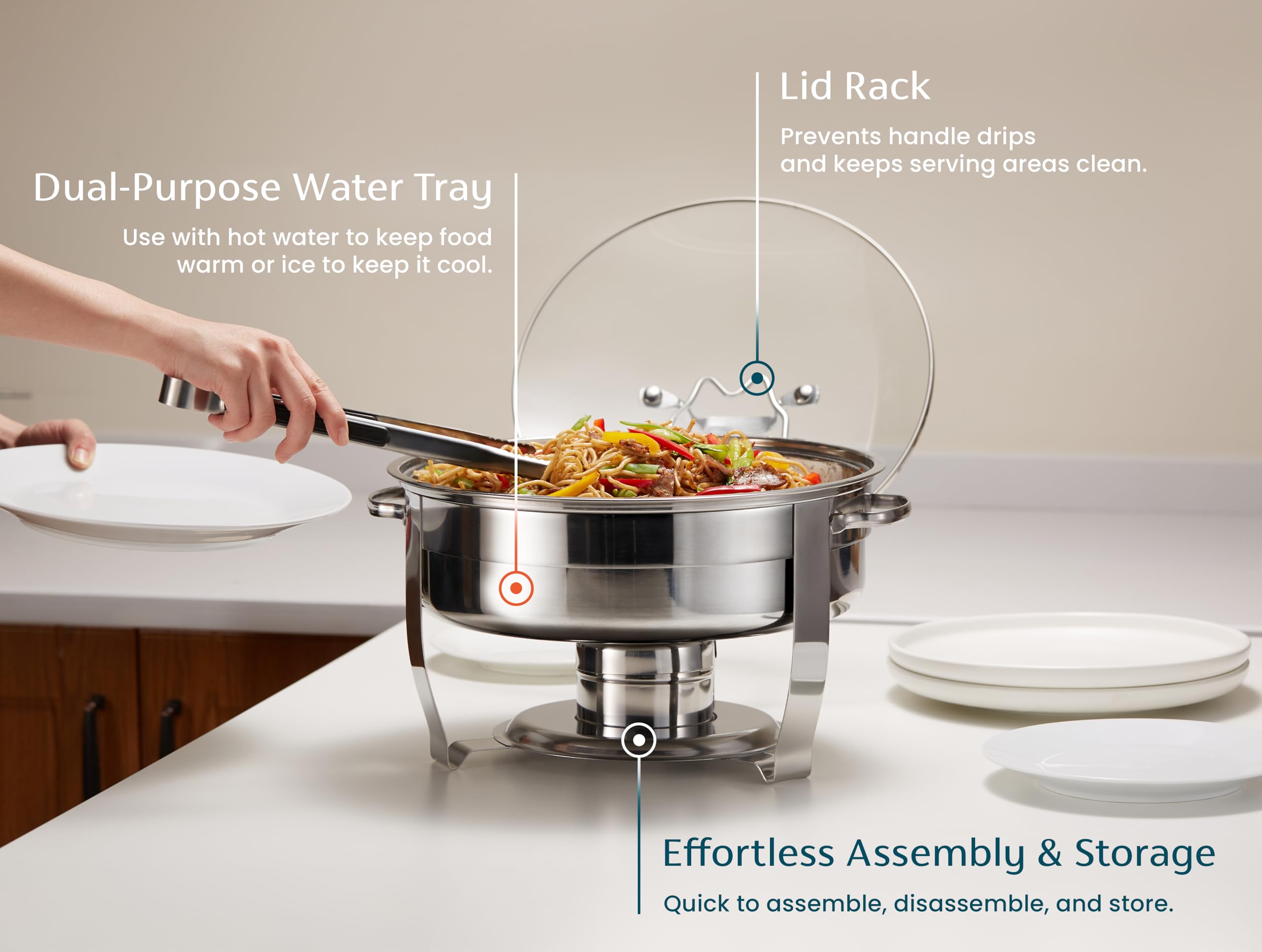 Chafing Dish for Buffet Set, by Kook, Catering Food Warmers, Round Dishes, Warmer Tray, Stainless Steel with Glass Cover and Holder, for Parties, Dinners, 4.5 Qt