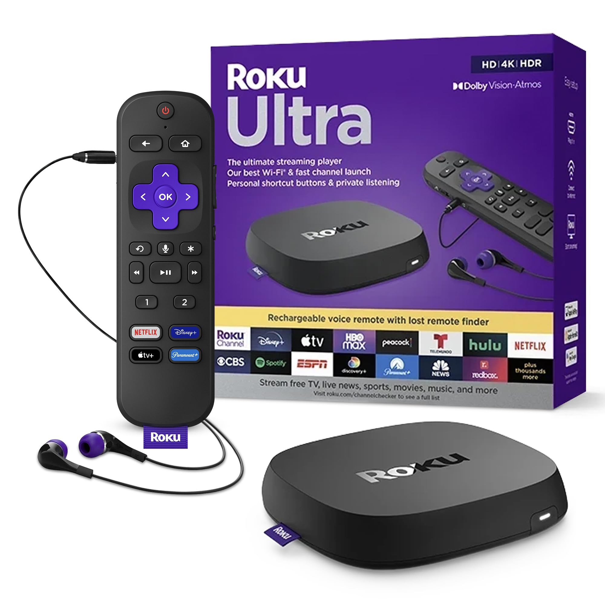 Roku Ultra | El dispositivo de transmisión Roku definitivo 4K/HDR/Dolby Vision/Atmos, control remoto por voz Pro recargable Roku, puerto Ethernet, controles manos libres, buscador remoto perdido, TV gratuita y en vivo
