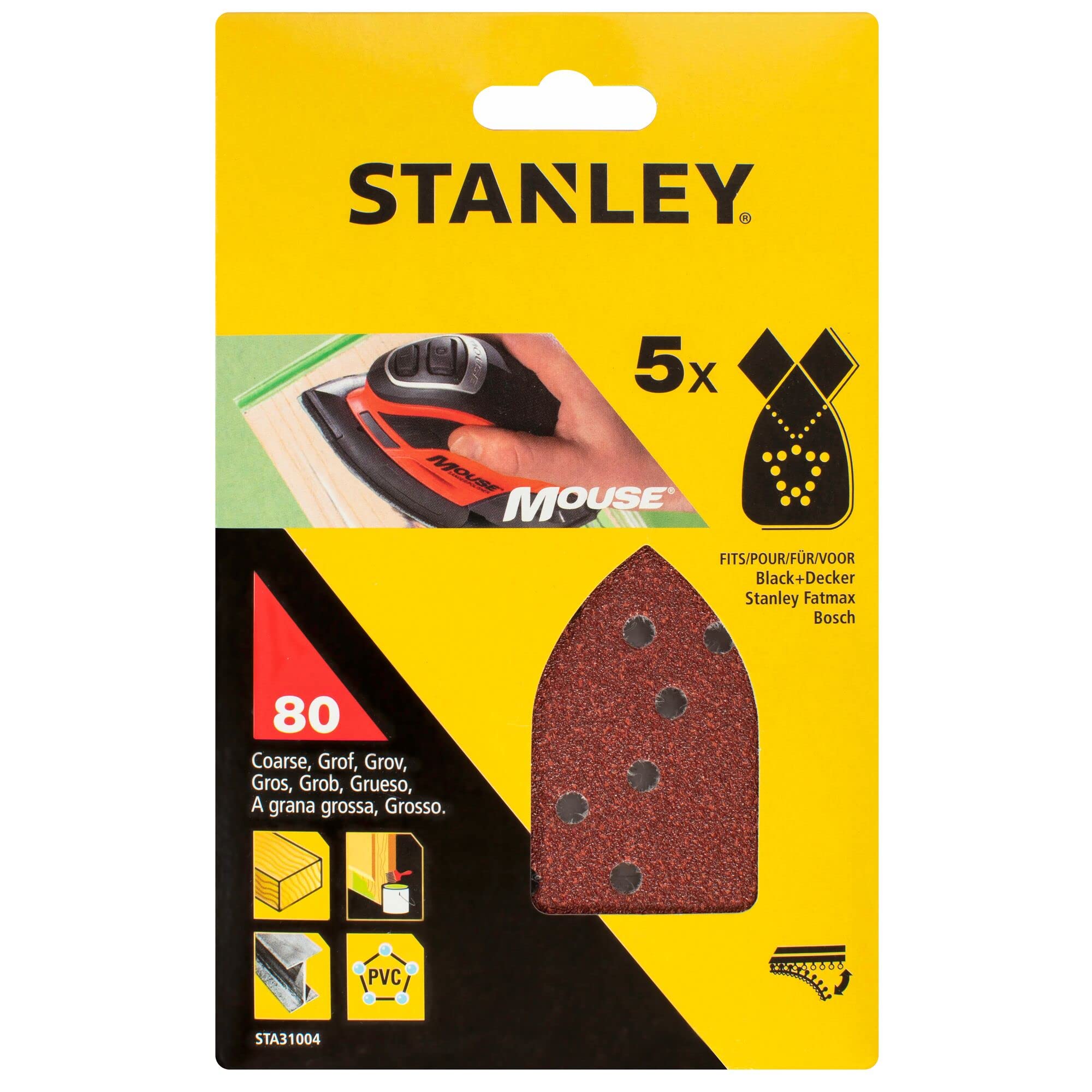 STANLEY STA31004-XJ Quick Fit Sanding Sheets for Black+Decker Mouse, 80G, Pack of 5