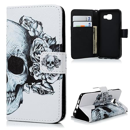 MAXFE.CO Leder Tasche Case Cover für Samsung Galaxy A3 (2016) Hülle PU Schutz Etui Schale Blume-Schädel Muster Design Backcover Flip Cover Wallet mit Standfunktion Karteneinschub Etui