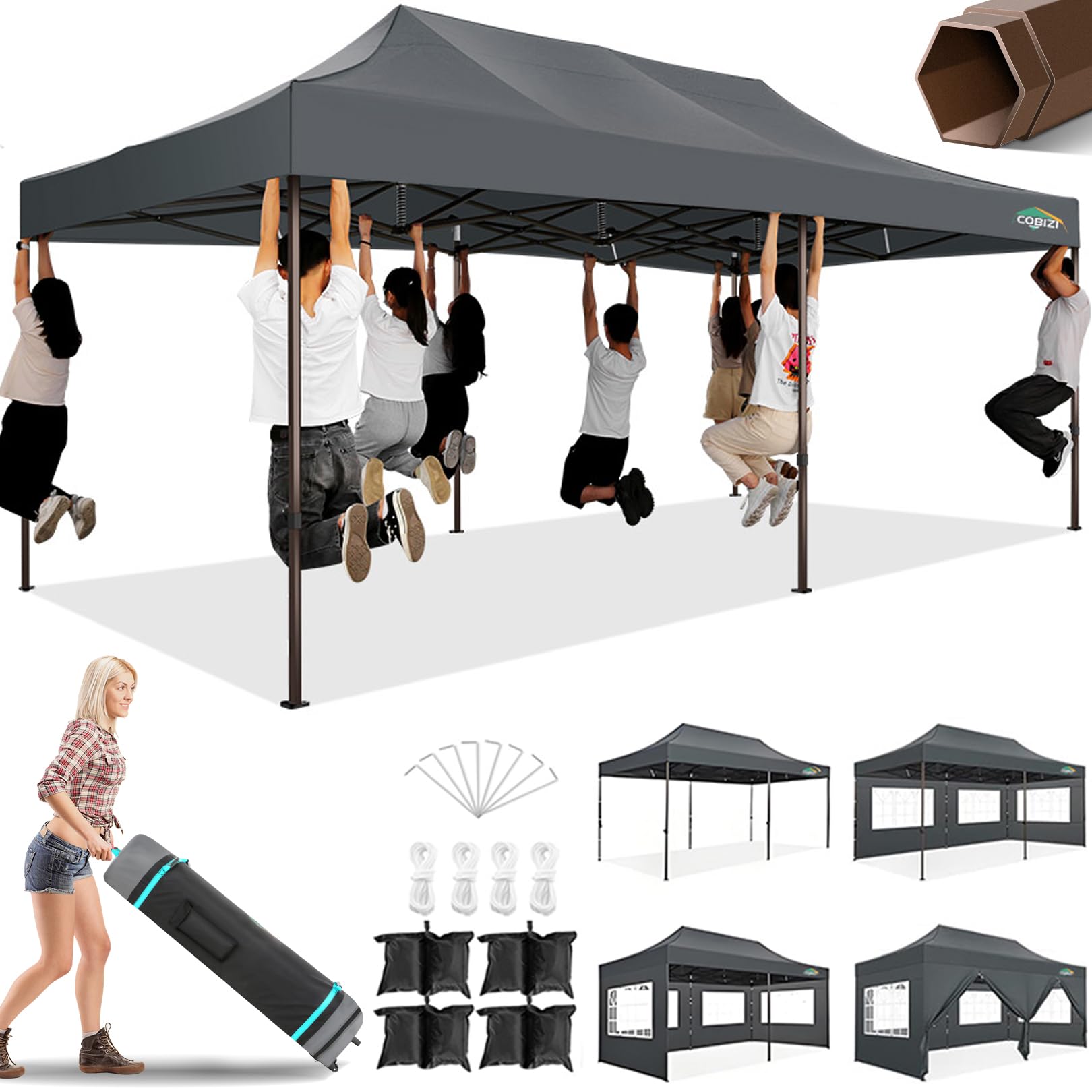 Photo 1 of ****VERY USED/ MISSING PARTS/ UNTESTED *** COBIZI 10x20 Pop Up Heavy Duty Canopy with 6 Sidewalls and Hexagonal Legs, Easy up Tent for Parties, Commercial and Wedding, Outdoor Canopy with Roller Bag, Sand Bags, Waterproof & UPF50+ (Gray)
