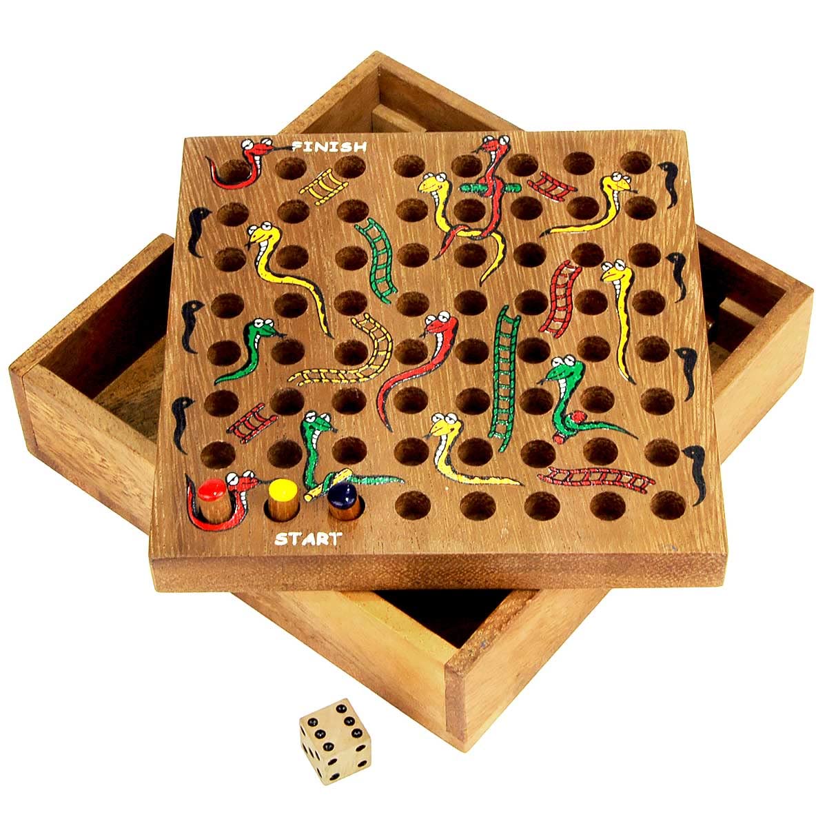 Logica Puzzles Art. Snakes and Ladders - Wooden Board Game - Teak Wooden Box - Travel Version