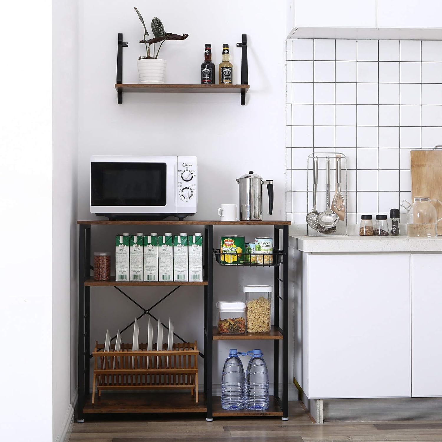 VASAGLE Industrial Kitchen Baker’s Rack, Coffee Bar, Microwave Oven Stand Metal Frame, Wire Basket 6 Hooks Mini Oven, Spices Utensils, Simple Assembly Wood Look - Standing Baker's Racks
