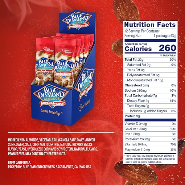 BLUE DIAMOND ALMONDS, SMOKEHOUSE FLAVORED SNACK NUTS, SINGLE SERVE BAGS (1.5 OZ. TUBES, PACK OF 12)