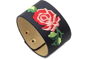 Fusamk Punk Rock Flower Print Pattern Wristband Wide Leather Cuff Bracelet