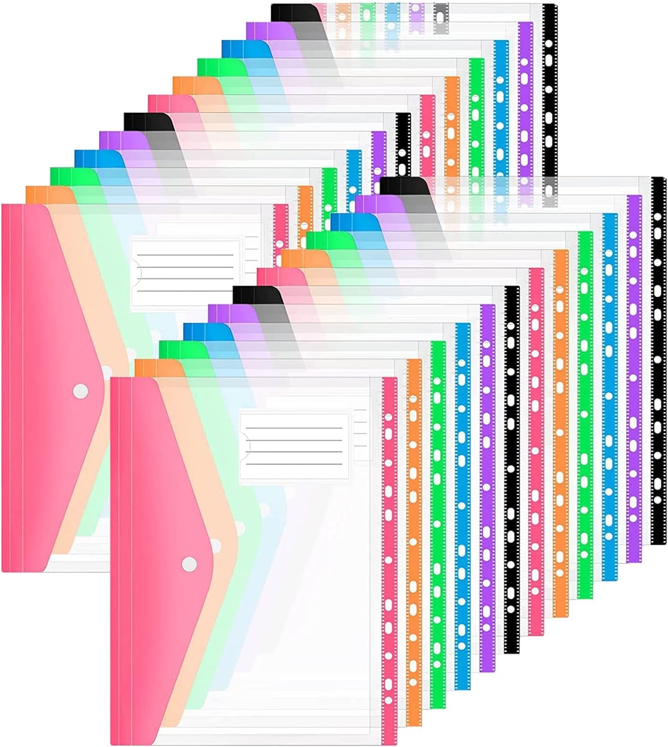 Abaigeal 24 PCS Expandable Punched Pockets, A4 Plastic Wallets Document Files Popper Folders A4 Ring Binder Transparent Pocket with Snap Fastener and Label Pocket, 6 Colors