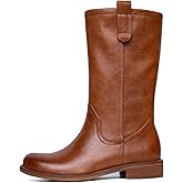 SUIARA Smokey Brown Mid Calf Boots for Women Pull On Chunky Block Low Heel Round Toe Campus Boot Comfortable Casual Boots