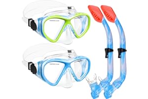 ACQCES 2 Sets Snorkeling Gear for Kids, Kids Snorkel Set for Ages 6-14, Dry Top Snorkel Mask Set for Youth Boys Girls Junior, Tempered Glass Diving Swimming Mask Goggles