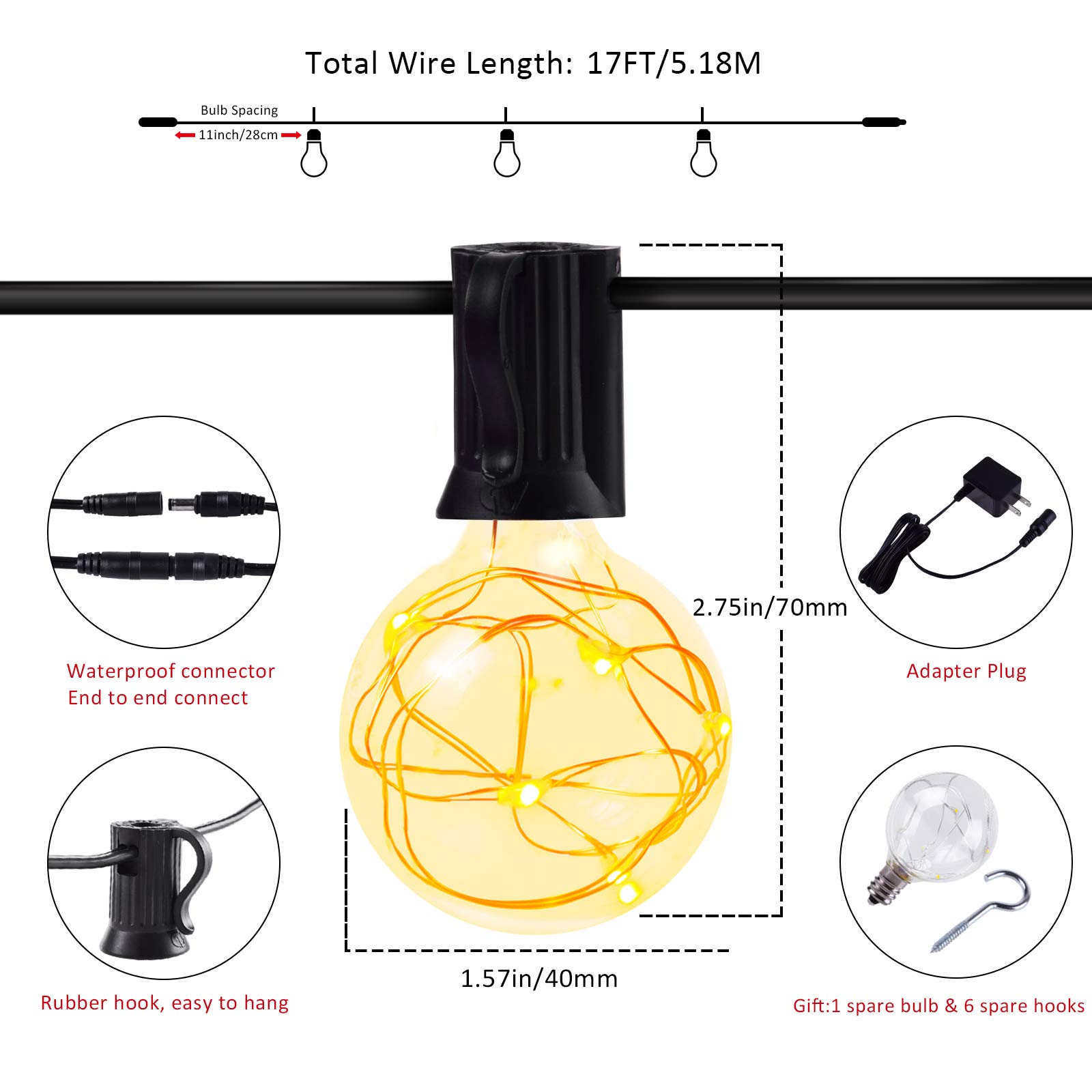 Lichterketten 5m mit 12 G40 LED Glühbirne Tomshine, IP44 Wasserdicht für Outdoor / Indoor, LED Retro Lampe, Dekolampe für Heimtextilien, Garten, Party, Hochzeit, Grill, Weihnachten, Feier, Zeremonie + 1Ersatzbirnen + 6Stk Haken [Energieklas