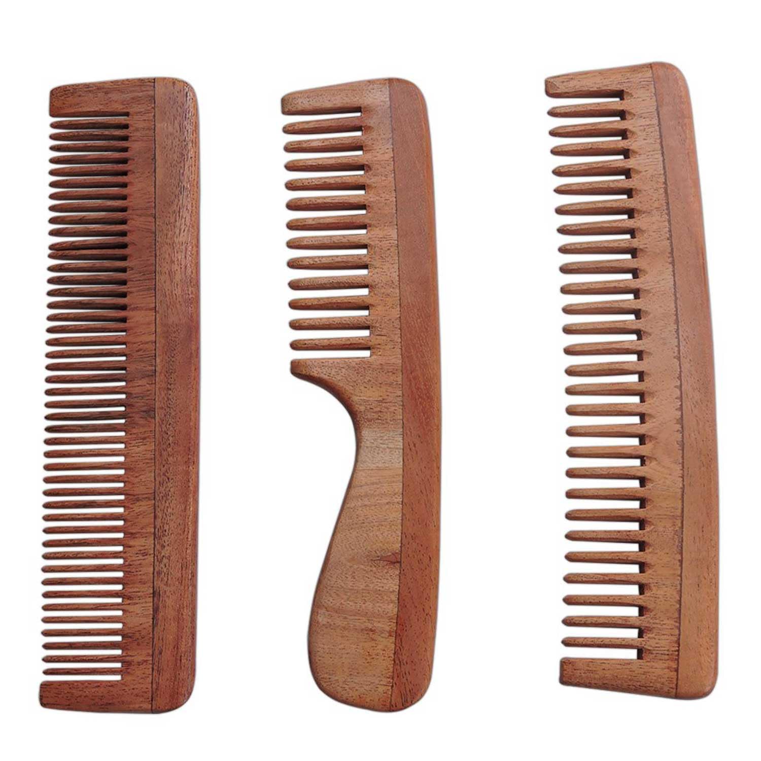 Neem Wood Comb Set of 3 with Zipper Pouch | Fine Tooth, Wide Tooth & Handle Comb | Natural Wooden Combs for Hair & Scalp Health | Value Saver Pack