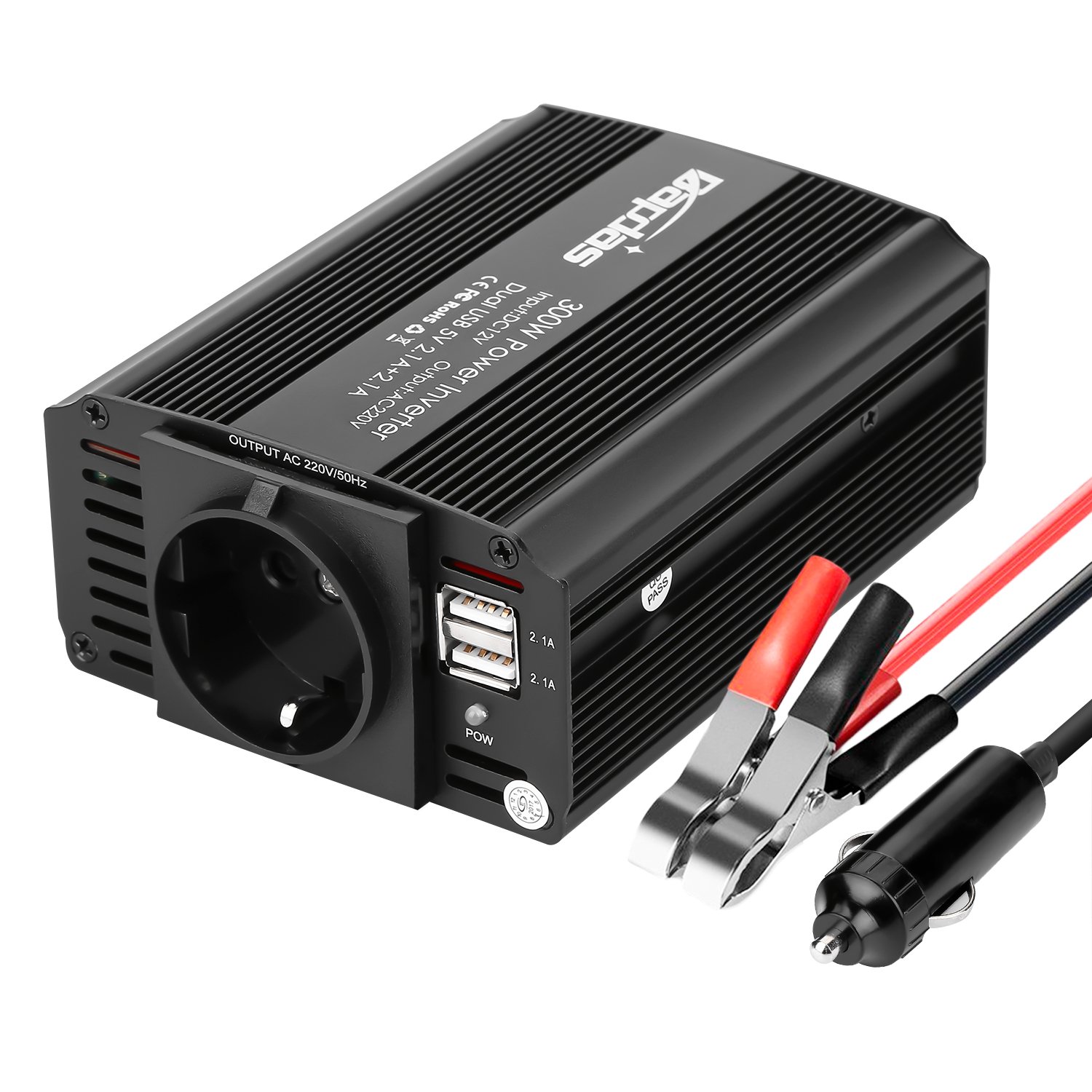 Bapdas 300W Power Inverter da Auto DC 12V a 220240V AC, 2 Porte USB 4