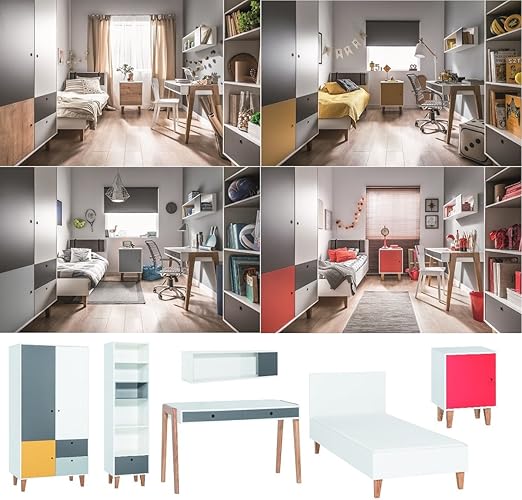 Qmm Traum Moebel Jugendzimmer Kinderzimmer Komplett Colin Set C Schrank Schreibtisch Bett Wandregal Standregal Nachtkonsole 4 Farben Neu Amazon De Kuche Haushalt