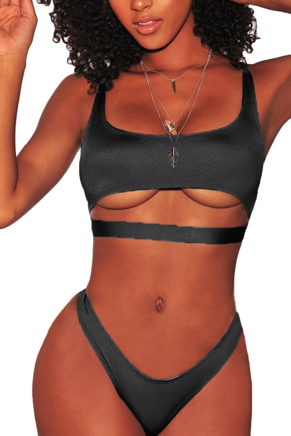 Woman's 2PCS Bikini Swimsuit Scoop Neck Crop Tank High Cut Thong Bottom Outfit Swimwear