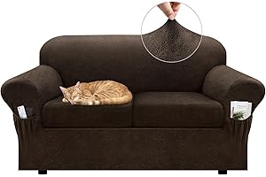 Pfrstuv Loveseat Slipcover with Armrest Pockets 3-Piece Set, Stretch Faux Leather Love Seat Covers for 2-Cushion Couches(Fits 58-66") - Non-Slip, Machine Washable, Pet & Kid Friendly - Brown