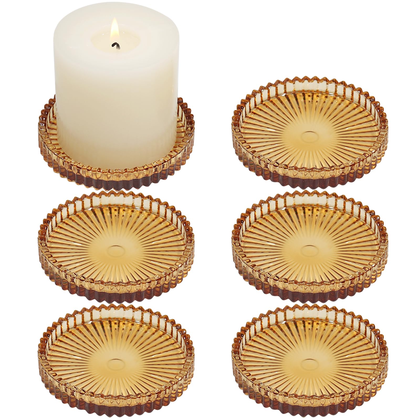 HofferRuffer Plates Candle Holders for Pillar Candles 6Pcs Amber