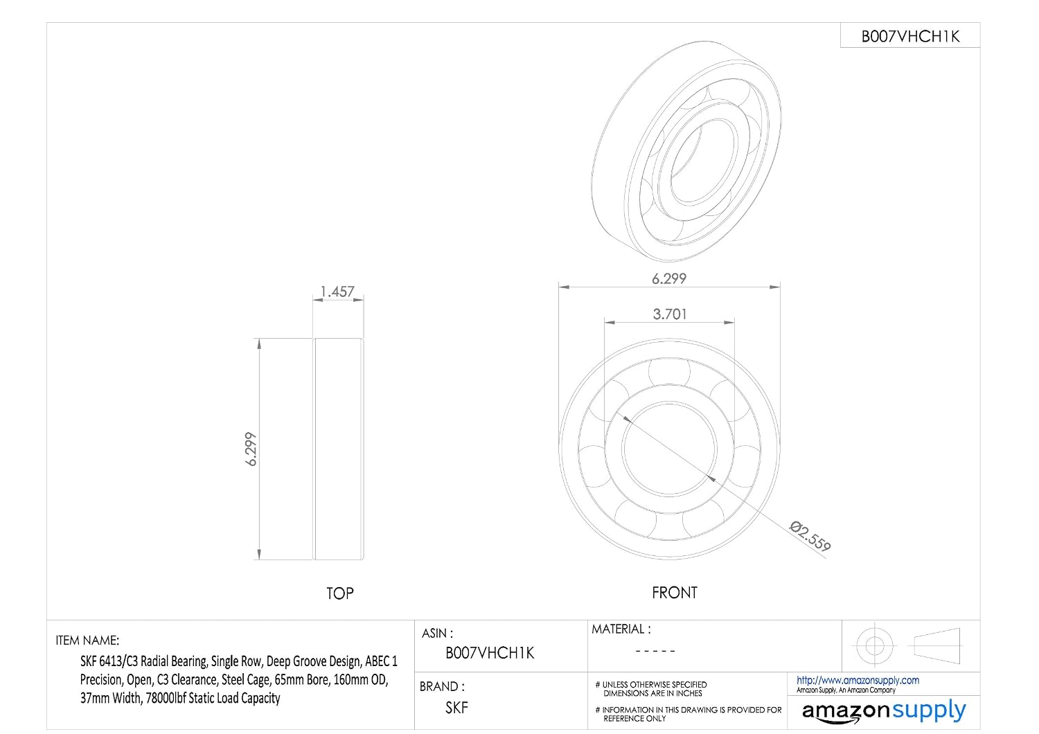 SKF Radial Deep Groove Ball Bearing, 65 ID, Bearing steel - Image 3