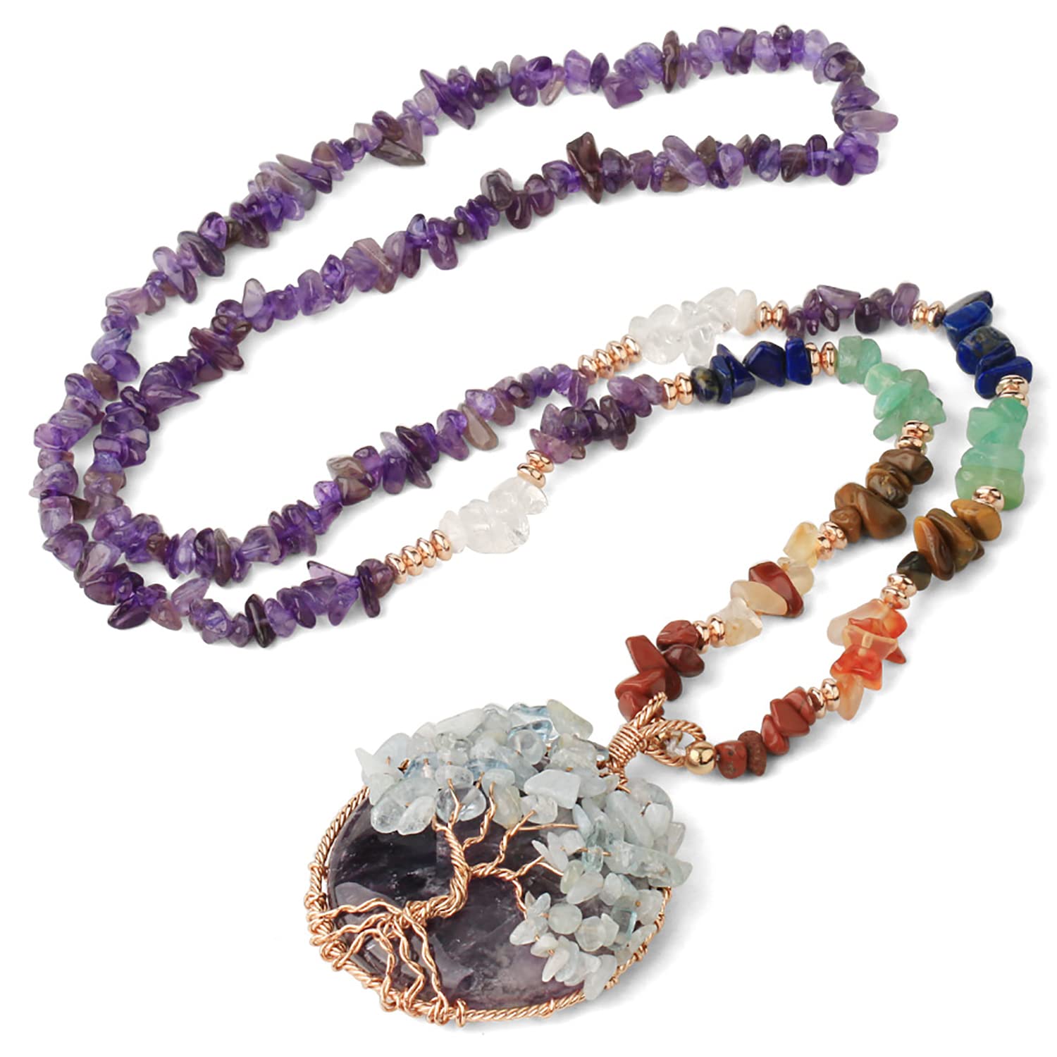 Spiritual Crystal Tree Of Life Ladies Necklace - Natural Stone Wire Wrap Pendant for Women - Chakra Reiki Stone Chips - Supplied with Jewellery Gift Box (Amethyst)