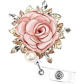 Elegant Pink Rose Crystal Pearl Badge Reel – Magnetic Retractable ID Holder with 360° Swivel Clip & 32" Cord, Decorative Fabric Flower Name Tag Reel for Nurses, Teachers & Office Staff