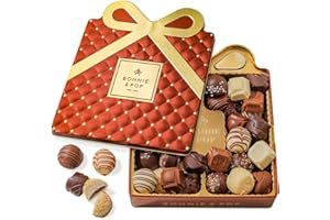 BONNIE AND POP Thanksgiving Chocolate Gift Basket, Candy Food Gifts Arrangement Platter, Gourmet Snack Gift Bow Tin Box, Present Idea, Stocking Stuffer, Corporate Him & Her, Men Women Family Parties- Gourmet Belgian Truffles- Brown- Bonnie & Pop