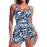 Hanna Nikole Women One Piece Swimsuits, Tummy Control Bathing Suit Ruched, Push Up Twist Front Swimdress with Tie Knot Skirt