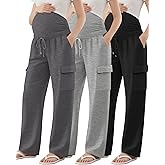 Sweetyweee 3 Pack Women's Maternity Cargo Pants with 4 Pockets, Over The Belly Side Ruched Drawstring Pregnancy Sweatpants