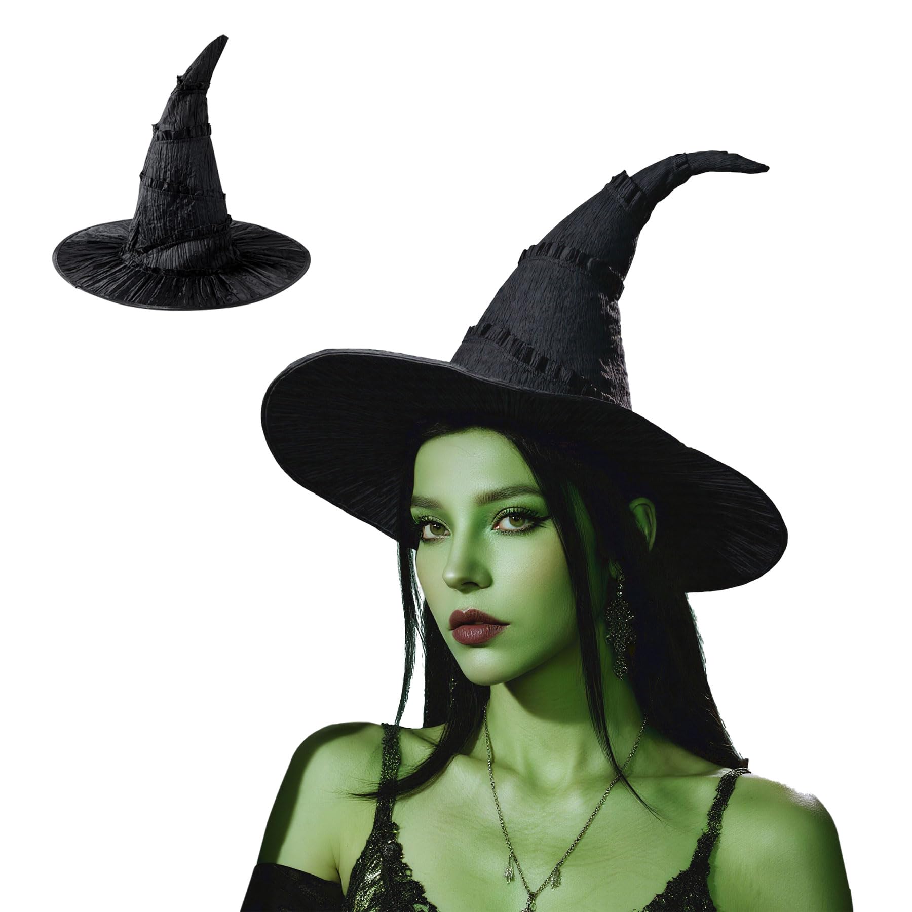 Photo 1 of ***MAJOR DAMAGE*** ***READ CLERK NOTES*** Zando Halloween Green Witch Hat for Women - Witched Style Cosplay Costume Accessory Black Pointed Wizard Hat for Evil Witch Movie Dress Up Cosplay Props Accessories One Size
