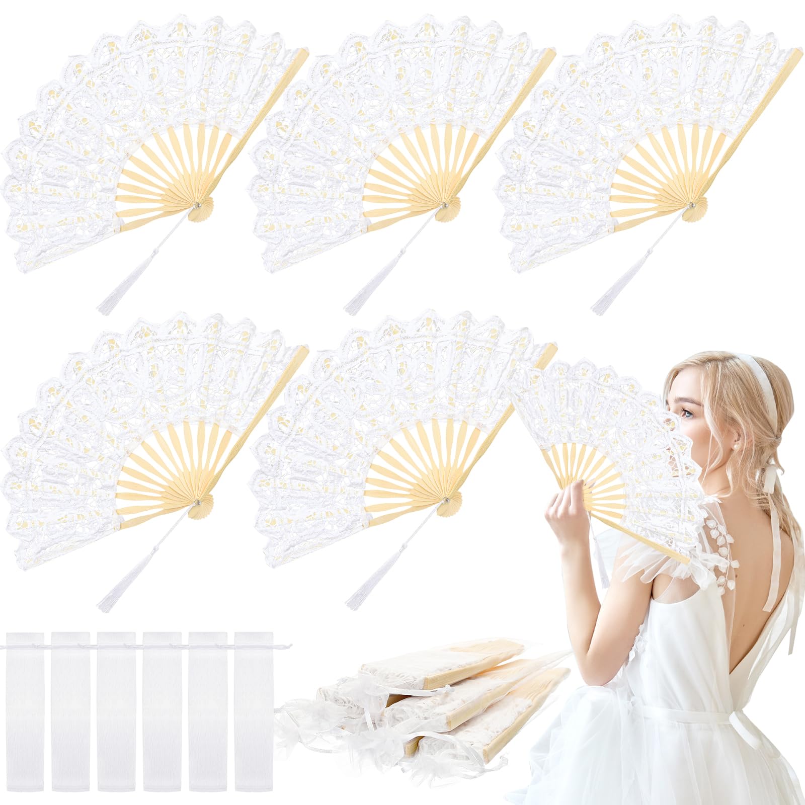 Photo 1 of 6 Pcs Lace Folding Handheld Fan for Wedding Cotton Embroidered Bridal Hand Fan with Bamboo Staves and Silk Tassels Vintage Retro for Guests Women Wedding Bridal Shower Party Favors (White)