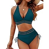 Blooming Jelly Womens High Waisted Bikini Tummy Control Swimsuits Two Piece Drawstring Bathing Suit (M, Blue Green Mesh)